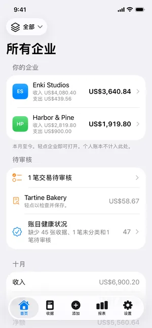 首页：两家企业本月的利润、一张待检查的收据和记账状况