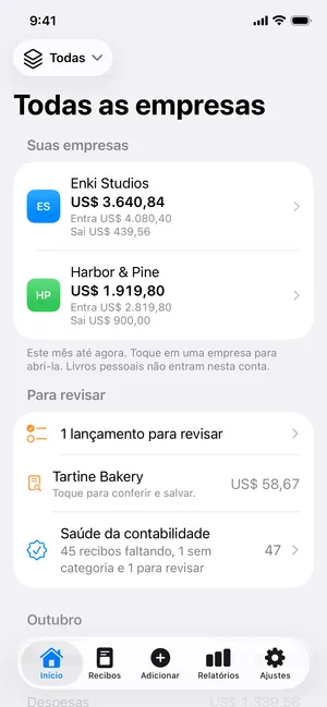 A tela inicial: o lucro do mês de duas empresas, um recibo para revisar e a saúde da contabilidade