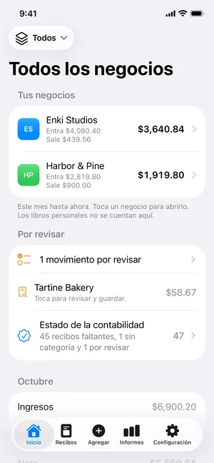 La pantalla de inicio: la ganancia del mes de dos negocios, un recibo por revisar y la salud de la contabilidad