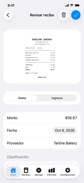 Revisión de un recibo de Tartine Bakery: la foto, con el importe, la fecha y la tienda leídos de ella