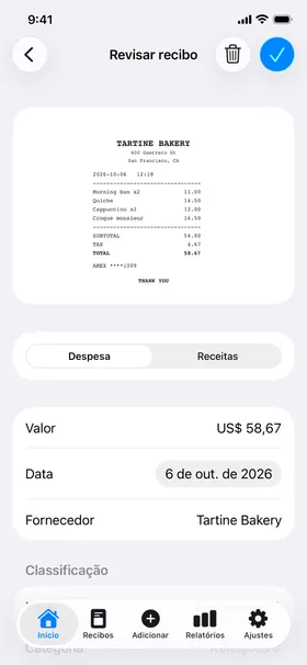 Revisão de um recibo da Tartine Bakery: a foto, com o valor, a data e a loja lidos dela