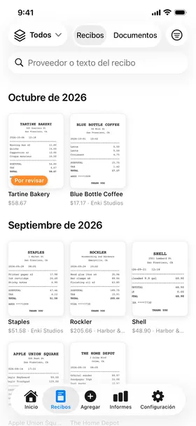 La pestaña Recibos: fotos de recibos por mes, que se buscan por cualquier texto impreso