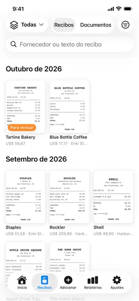 A aba Recibos: fotos de recibos por mês, pesquisáveis por qualquer texto impresso