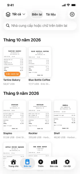 Thẻ Biên lai: ảnh biên lai theo tháng, tìm được bằng bất kỳ chữ nào in trên đó