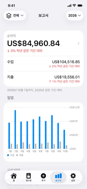 보고서: 작년과 비교한 올해 순이익, 수입, 지출, 월별 차트