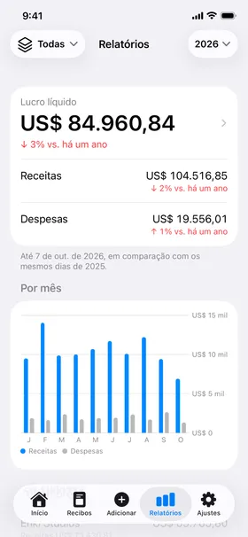 Relatórios: o lucro líquido do ano comparado ao ano passado, receitas, despesas e um gráfico por mês