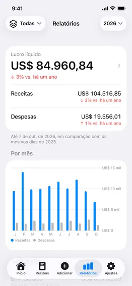 Relatórios: o lucro líquido do ano comparado ao ano passado, receitas, despesas e um gráfico por mês