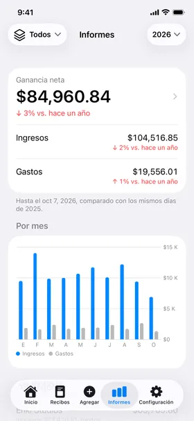 Reportes: la ganancia neta del año frente al año pasado, ingresos, gastos y un gráfico por mes