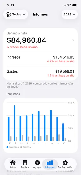 Reportes: la ganancia neta del año frente al año pasado, ingresos, gastos y un gráfico por mes