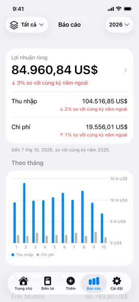 Báo cáo: lợi nhuận ròng của năm so với năm ngoái, thu nhập, chi phí và biểu đồ theo tháng