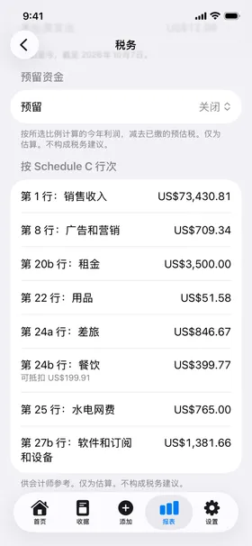 税务视图：今年的支出按 Schedule C 各行合计
