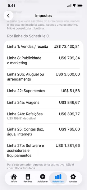 A visão de impostos: as despesas do ano somadas por linha do Schedule C