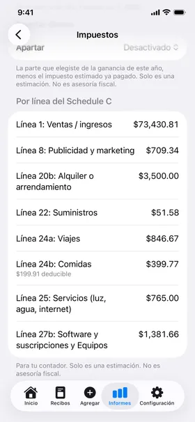 La vista de impuestos: los gastos del año sumados por línea del Schedule C