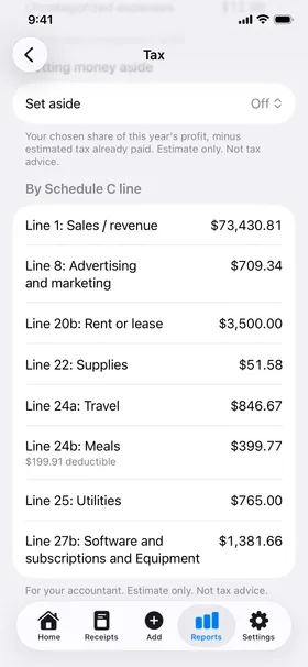 The tax view: the year’s expenses totalled by Schedule C line