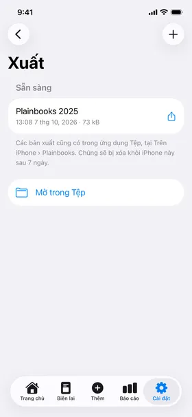 Xuất: một tệp zip sổ sách của năm, có sẵn trong ứng dụng Tệp