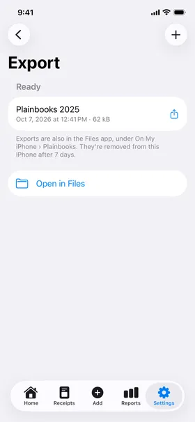 Export: a zip of the year’s books, ready in the Files app